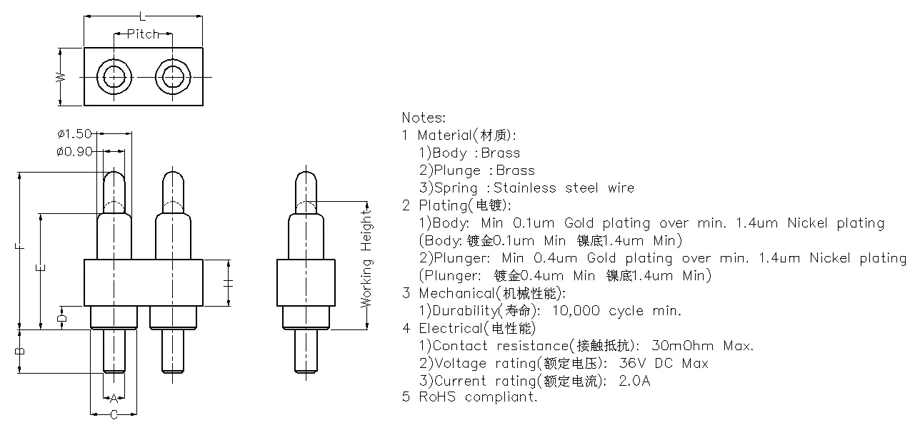 2Pin插件式Pogo Pin连接器, 带尾针弹簧针连接器2P带尾巴